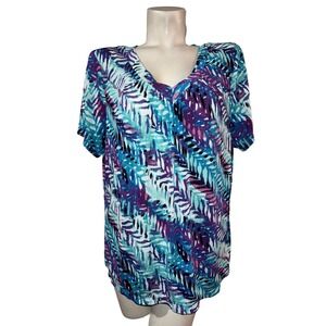 JM Collection Woman 2X Teal Purple Abstract Chevron V-Neck Short Sleeve Blouse
